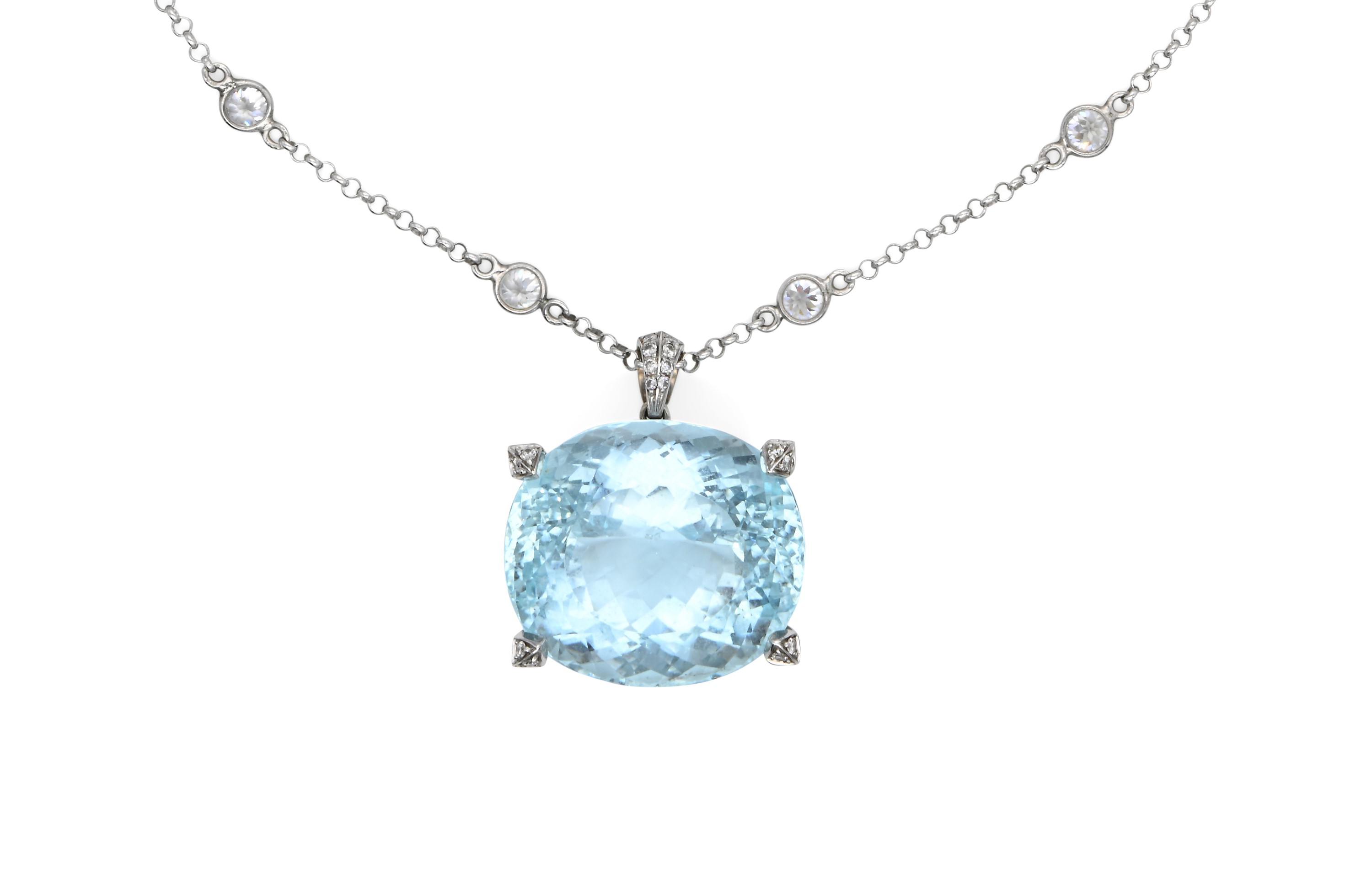 Pendente in Oro, Acquamarina e Brillanti, con Catena in Argento e Pietre Incolori