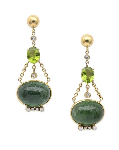 Coppia di Orecchini Pendenti in Oro, Tormaline Verdi, Peridoti e Brillanti