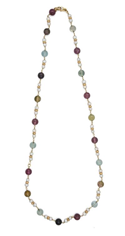 Collana a Laccio in Oro, Tormaline e Perle
