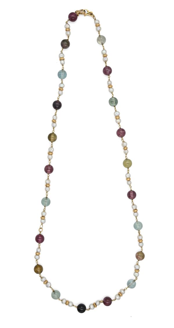 Collana a laccio in oro, tormaline e perle