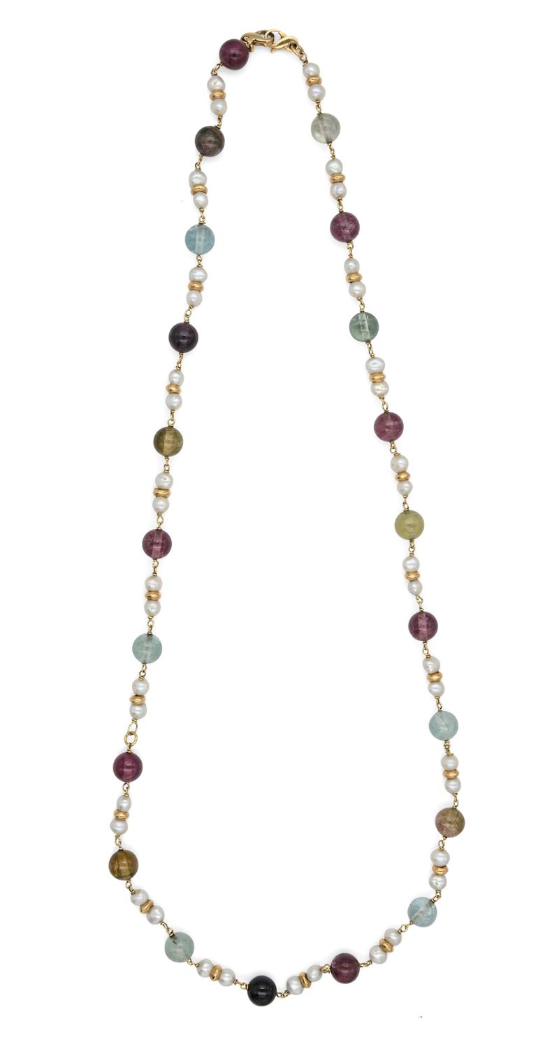 Collana a Laccio in Oro, Tormaline e Perle
