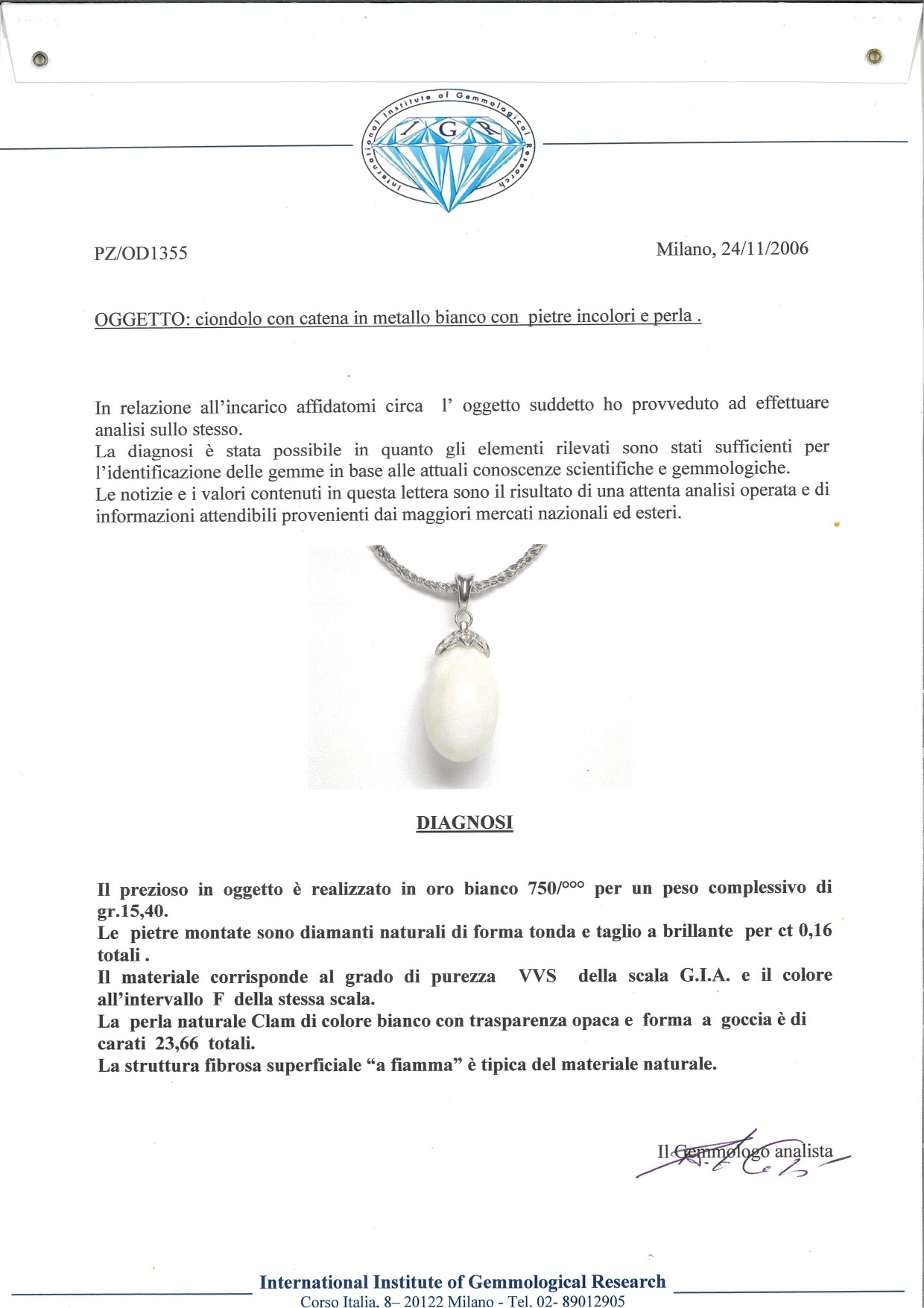 Pendente in Oro, Diamanti e Perla Clam