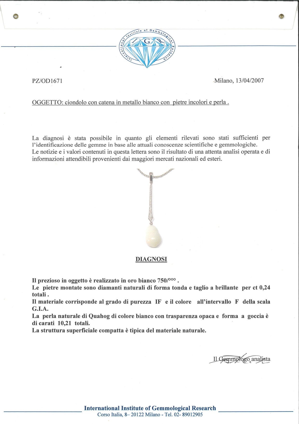 Pendente in Oro, Brillanti e Perla Quahog