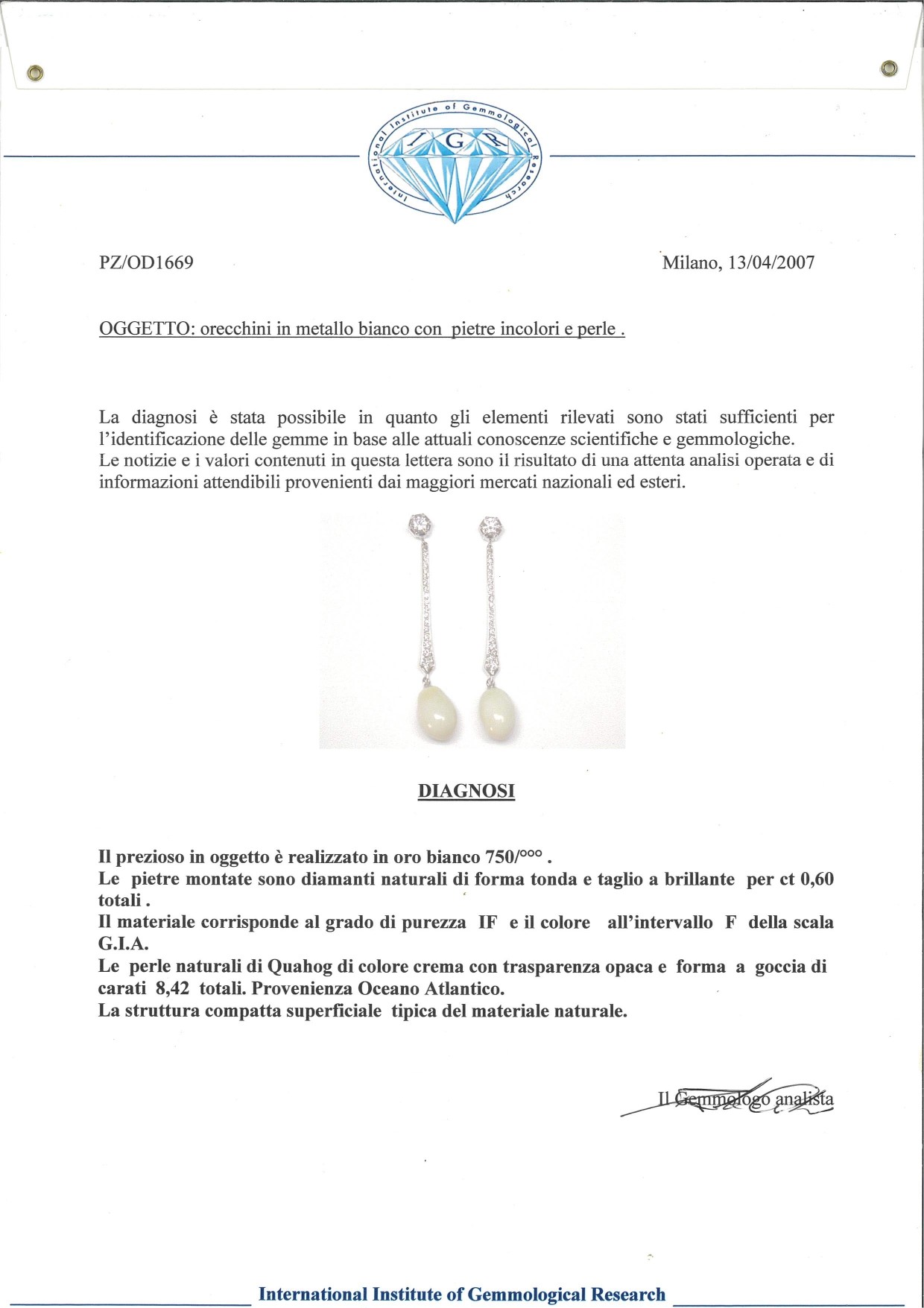 Coppia di Orecchini Pendenti in Oro, Brillanti e Perle Quahog