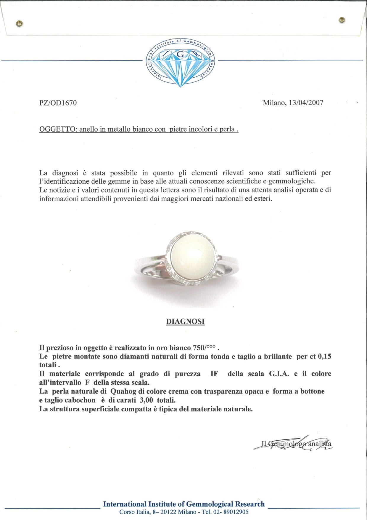Anello in oro, brillanti e perla Quahog