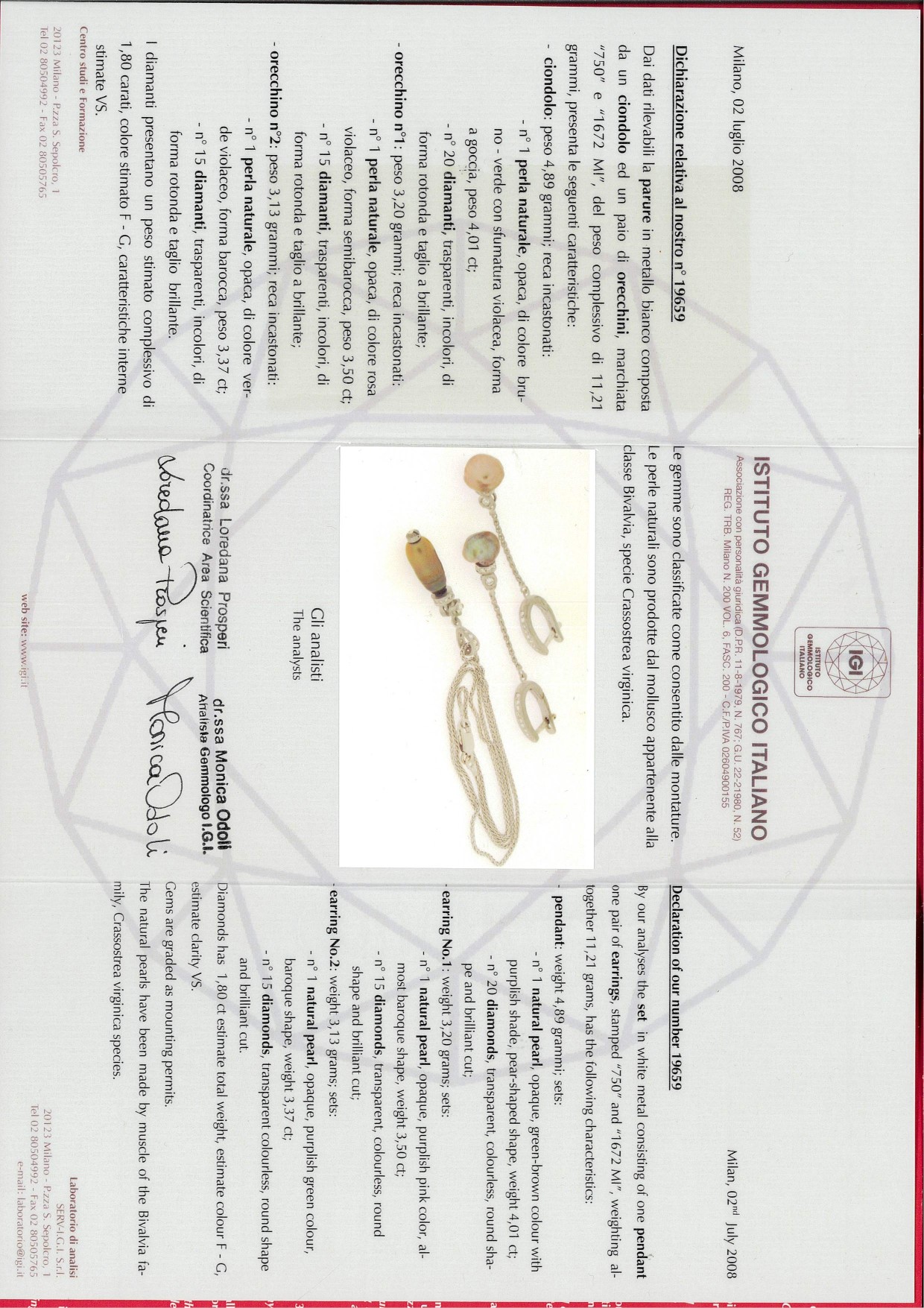 Parure di Pendente e Coppia di Orecchini in Oro, Brillanti e Perle Naturali Spontanee