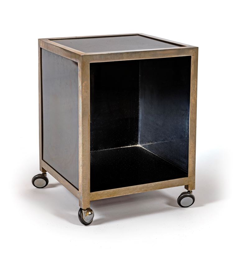 Cubo contenitore in acciaio e plexiglass nero, Anni Settanta