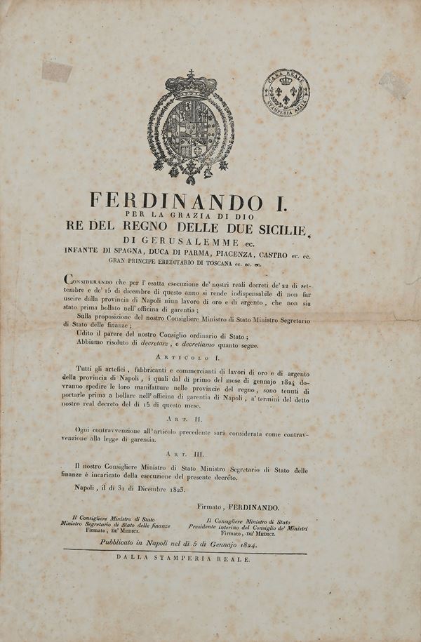 Editto Borbonico 1823-1824 Ferdinando I Re delle Due Sicilie - Artefici, fabbricanti e commercianti di lavori di oro e di argento