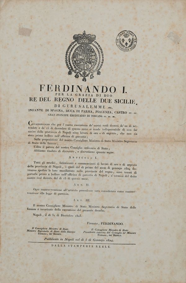Editto Borbonico 31 dicembre 1823 - 5 gennaio 1824 Ferdinando I Re delle Due Sicilie - Artefici, fabbricanti e commercianti di lavori di oro e di argento