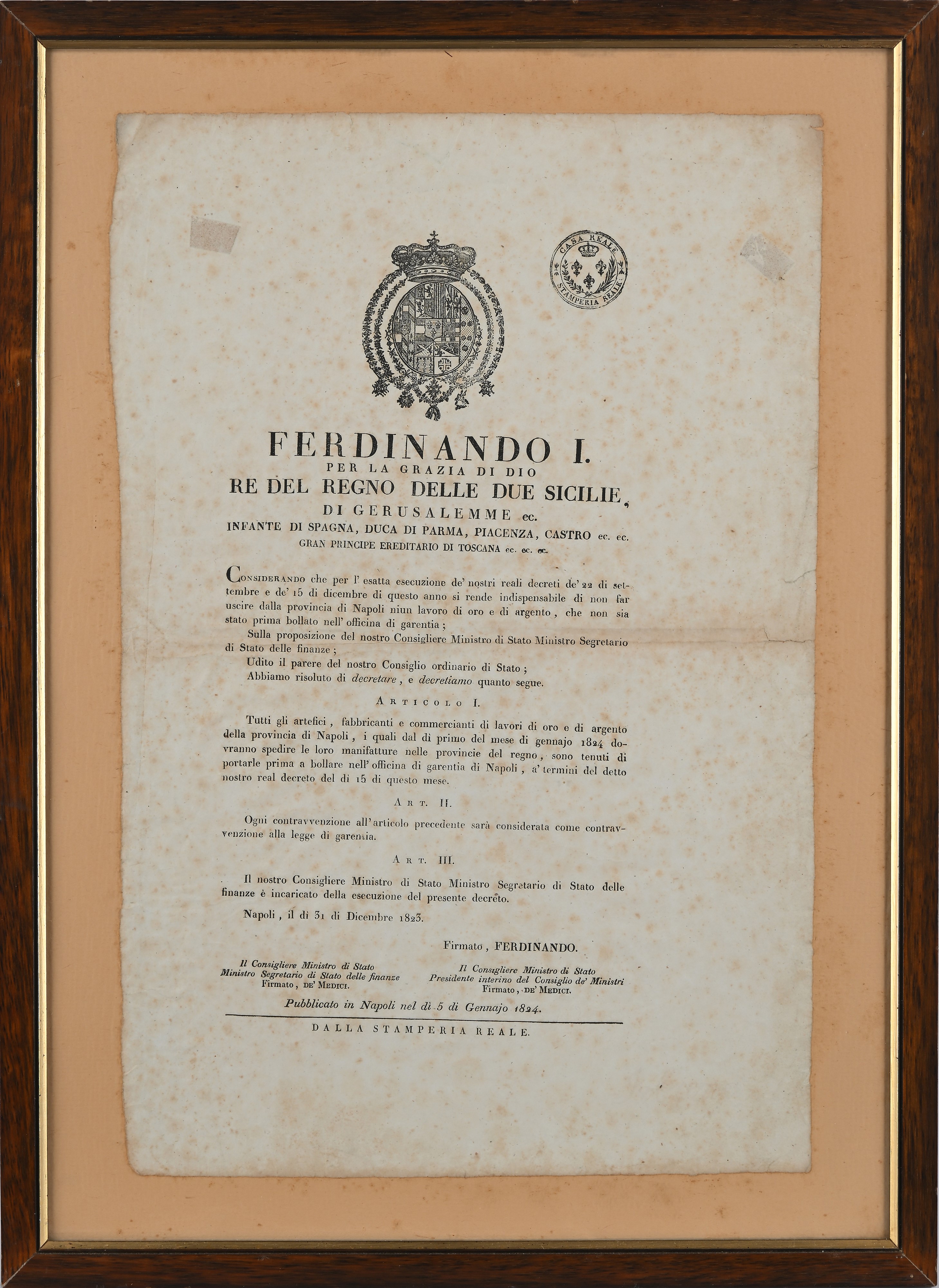 Editto Borbonico 1823-1824 Ferdinando i Re delle Due Sicilie - Artefici, Fabbricanti e Commercian...