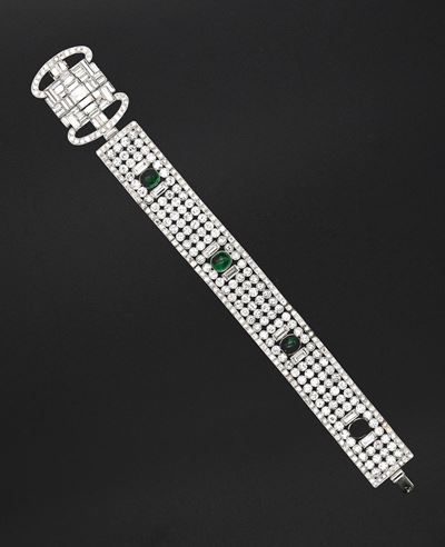 Bracciale Decò in Oro, Platino, Diamanti e Smeraldi