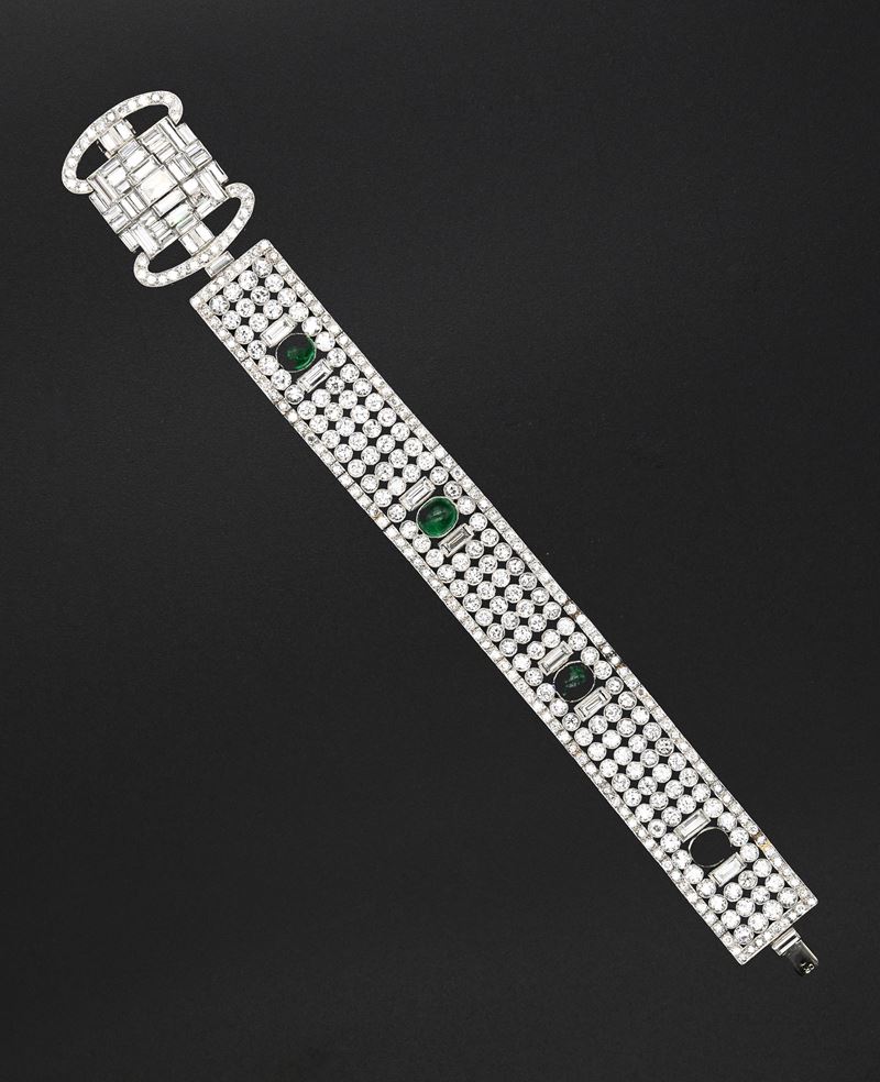 Bracciale Decò in Oro, Platino, Diamanti e Smeraldi