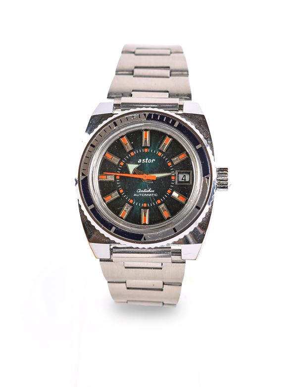 Astor - Orologio da polso automatico da uomo con datario, in metallo cromato con fondello in acciaio e lancette fluorescenti