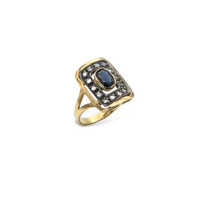 Anello Antico in Oro e Argento, Diamanti e Zaffiro