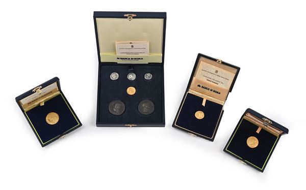 Lotto di riproduzioni di monete antiche in oro e argento e bronzo per conto della Banca di Roma