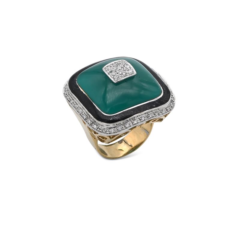 Anello da Cocktail in Oro, Brillanti, Onice e Agata.