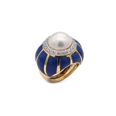 Anello da Cocktail in Oro, Lapislazzuli, Perla e Brillanti