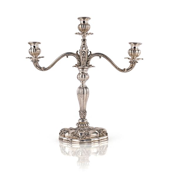 Candelabro in argento sterling a tre luci, Fornari, Roma