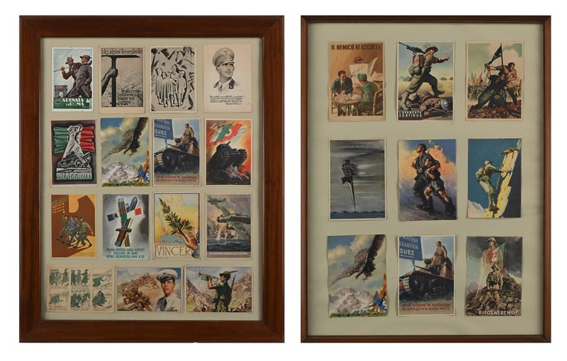 2 Quadri con Cartoline di Propaganda i e II Guerra Mondiale