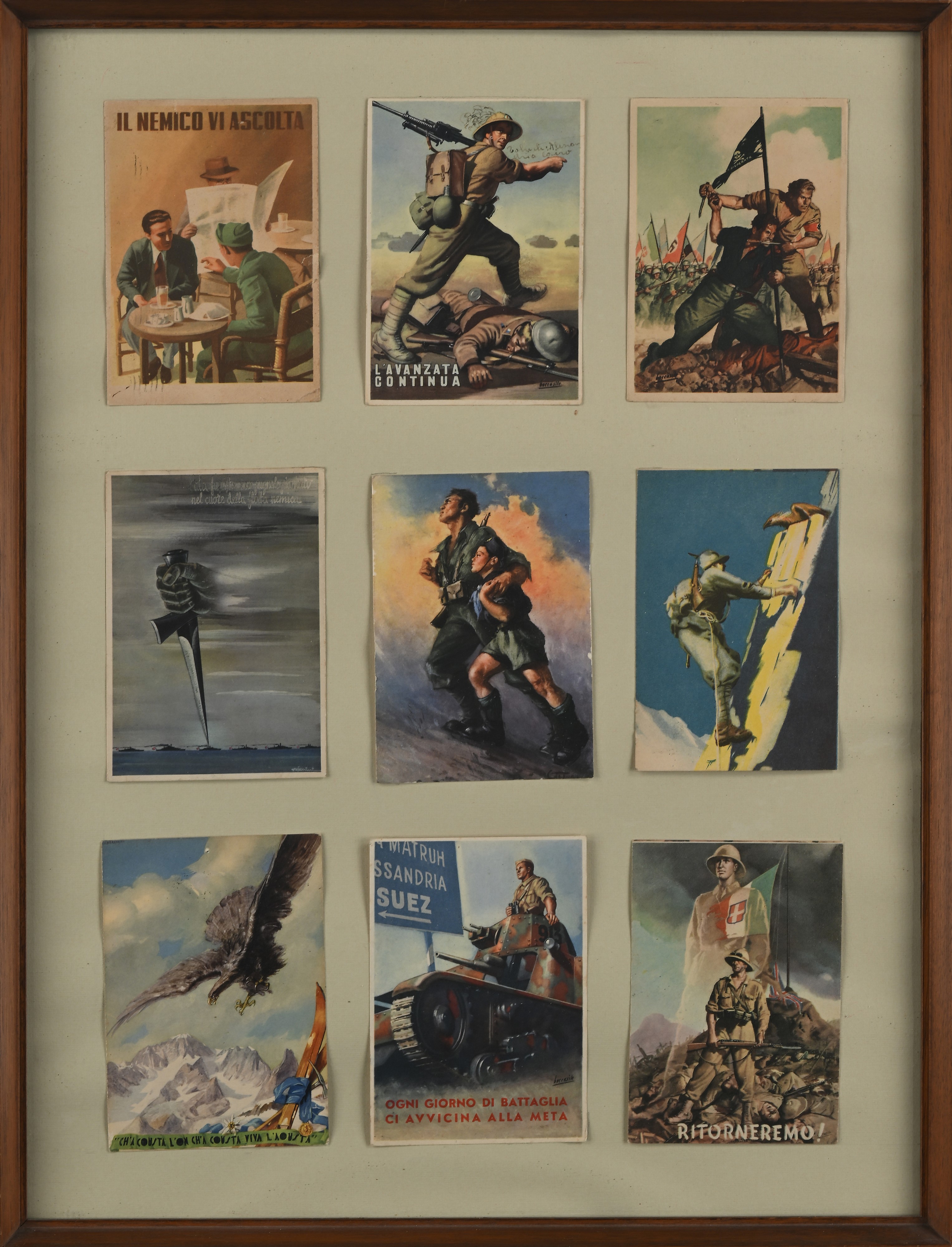 2 Quadri con Cartoline di Propaganda i e II Guerra Mondiale