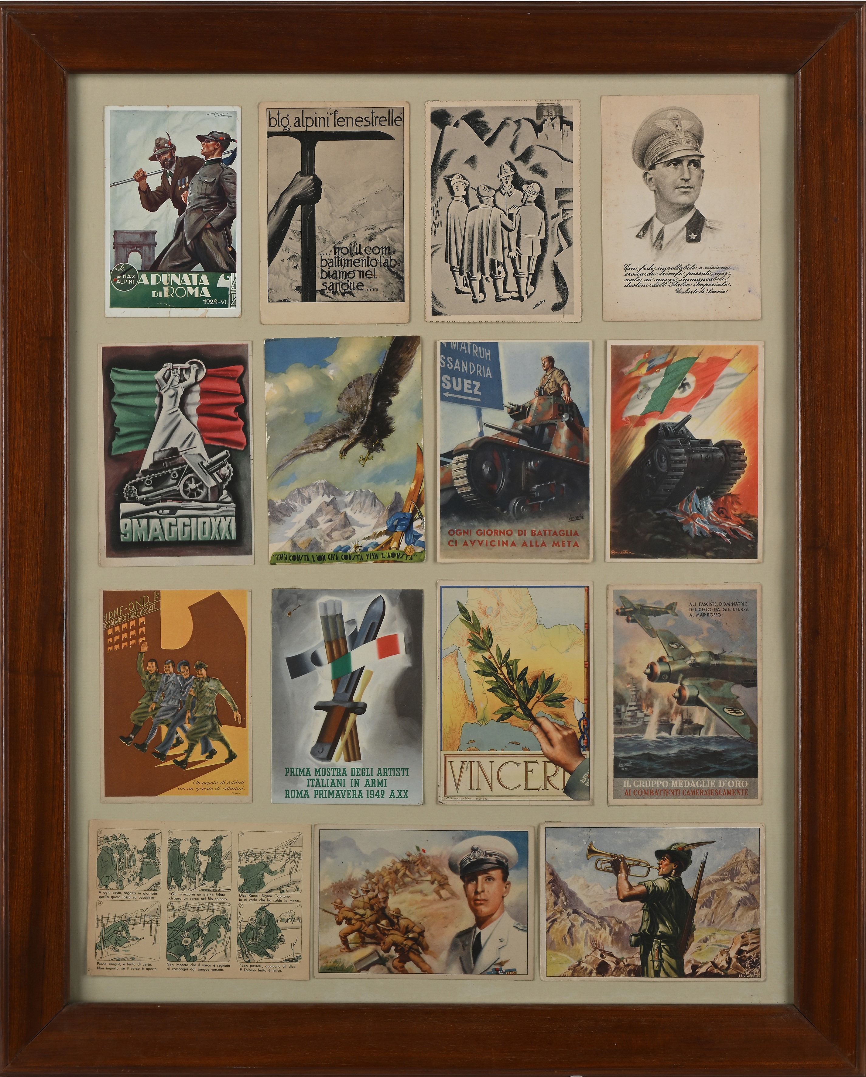 2 Quadri con Cartoline di Propaganda i e II Guerra Mondiale
