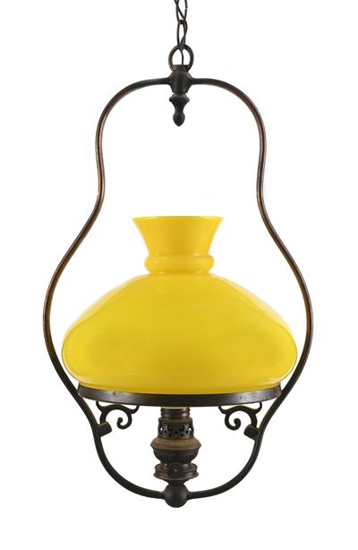 Lampada a Sospensione in Ottone con Diffusore in Vetro Giallo