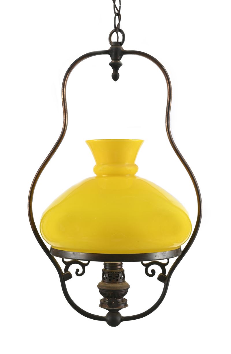Lampada a Sospensione in Ottone con Diffusore in Vetro Giallo