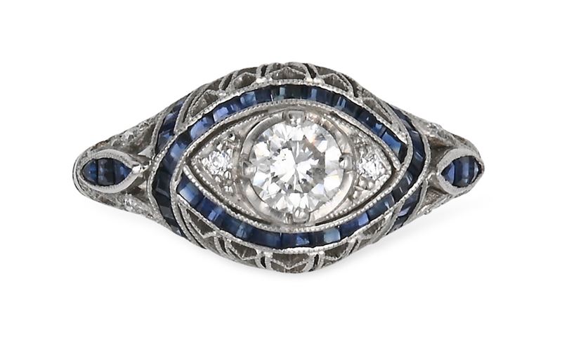 Anello Decò in Oro, Brillanti e Zaffiri