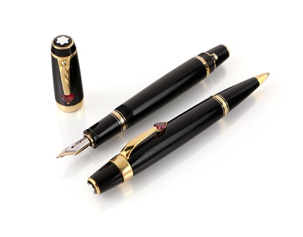 Montblanc Boheme - Penna stilografica retrattile e Penna a sfera in vernice nera con particolari dorati e pietra rossa
