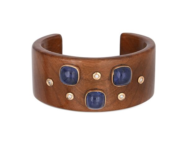 Bracciale in oro, legno, tanzaniti e brillanti