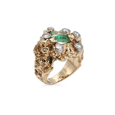 Anello a Corteccia in Oro, Smeraldo e Brillanti