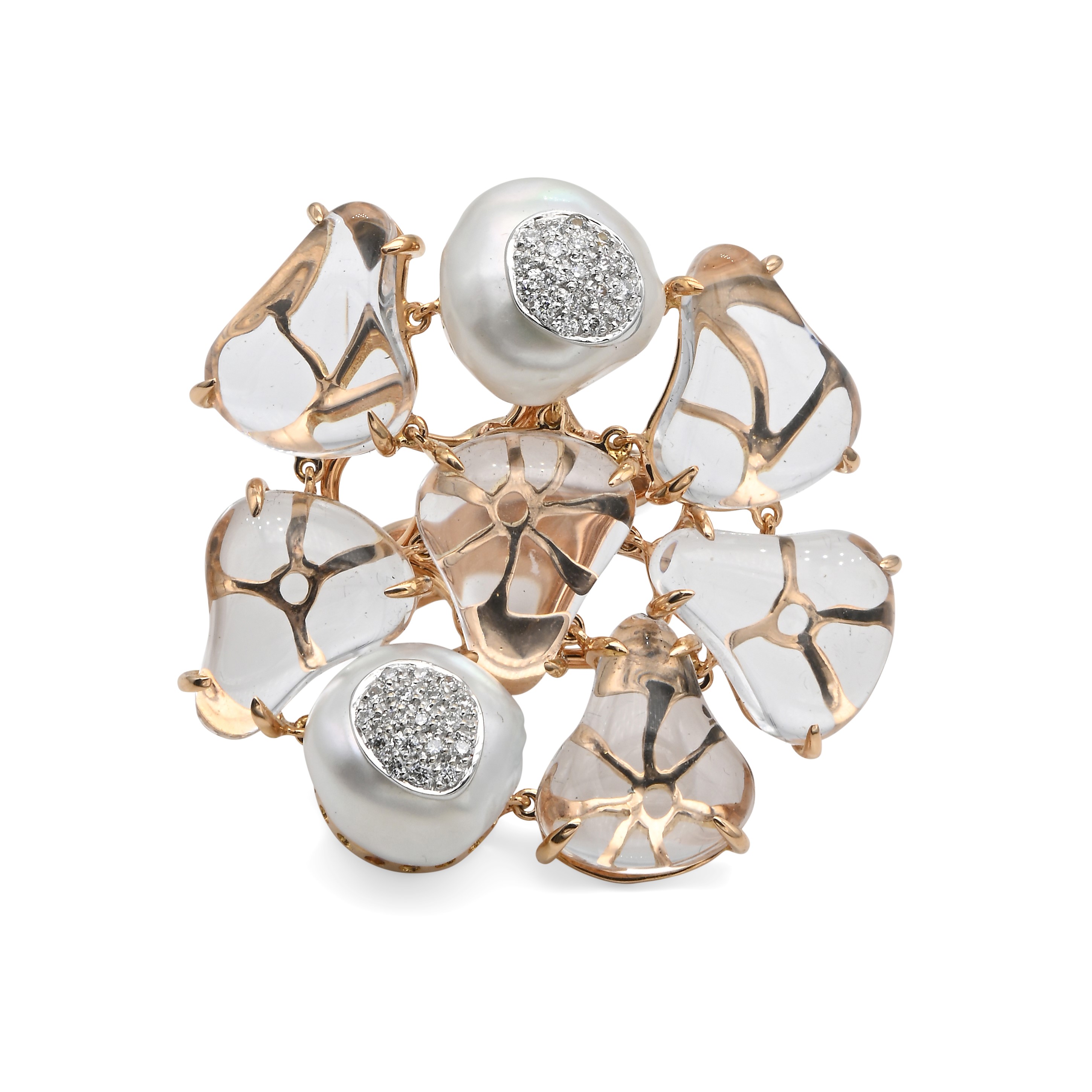 Anello Movibile in Oro, Cristallo di Rocca, Brillanti e Perle South Sea.