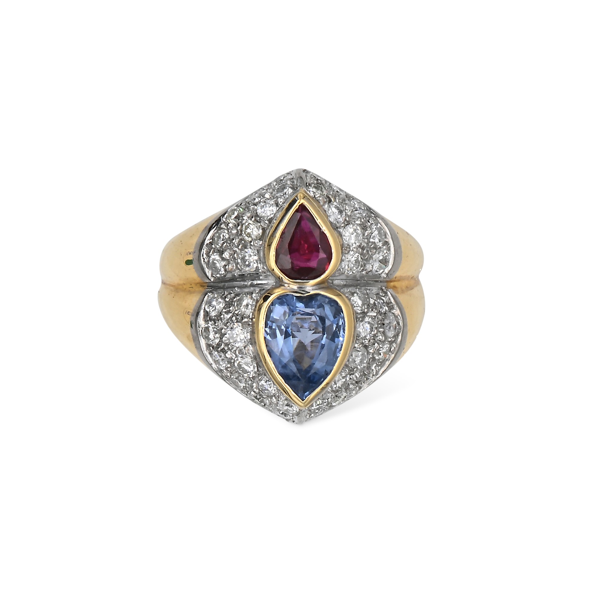 Anello in Oro, Zaffiro, Rubino e Brillanti.