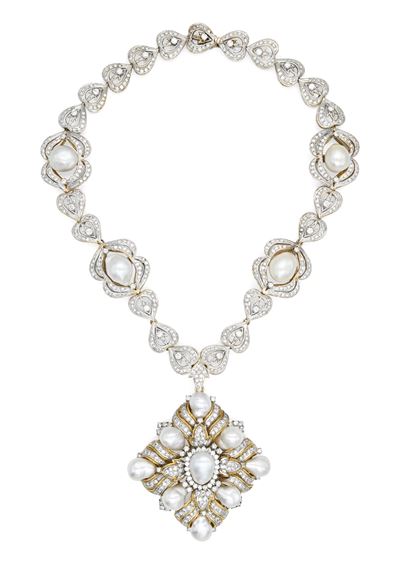Collana con Pendente Spilla in Oro, Brillanti e Perle