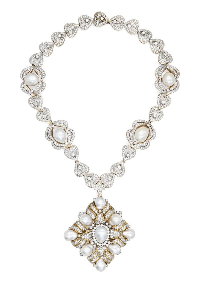 Collana con Pendente Spilla in Oro, Brillanti e Perle