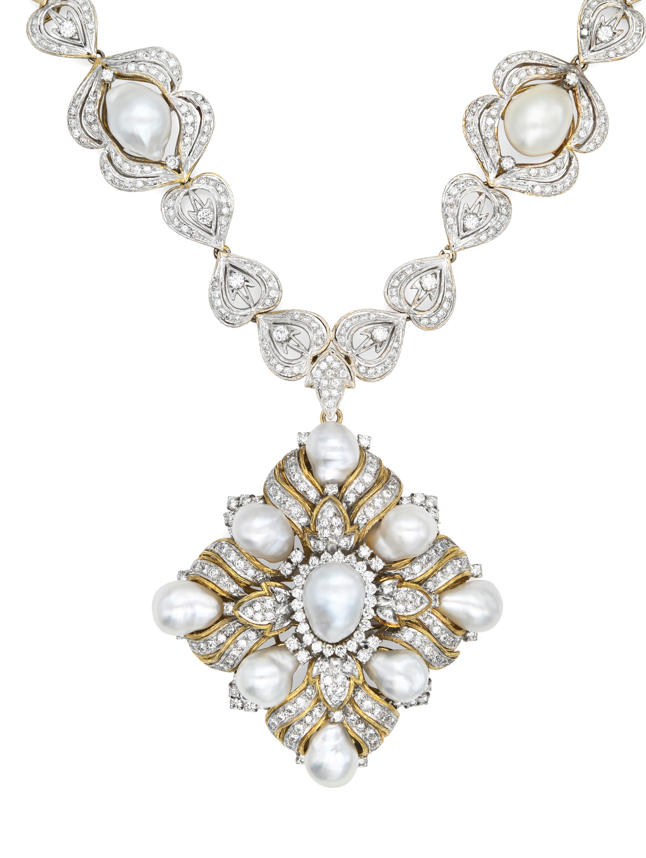Collana con Pendente Spilla in Oro, Brillanti e Perle