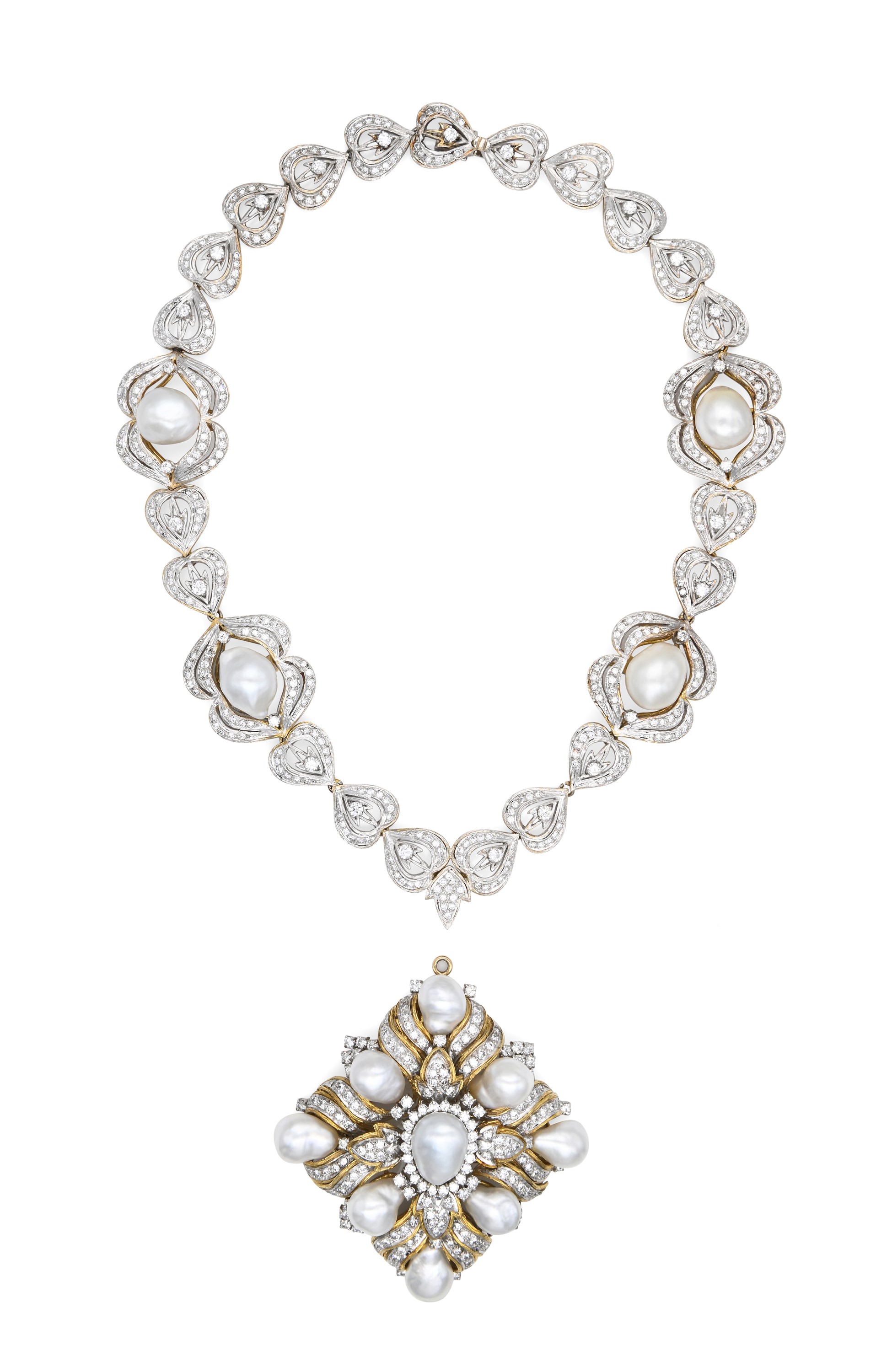 Collana con Pendente Spilla in Oro, Brillanti e Perle