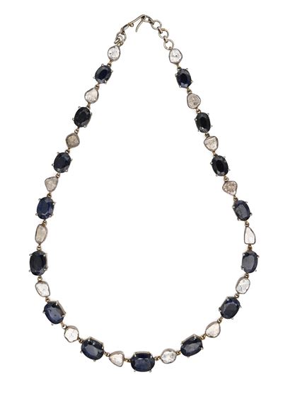 Collana Antica in Argento, Metallo, Zaffiri e Diamanti