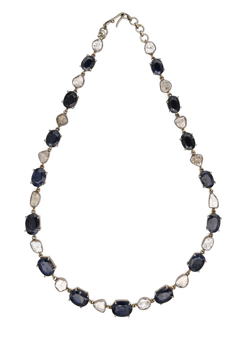 Collana Antica in Argento, Metallo, Zaffiri e Diamanti