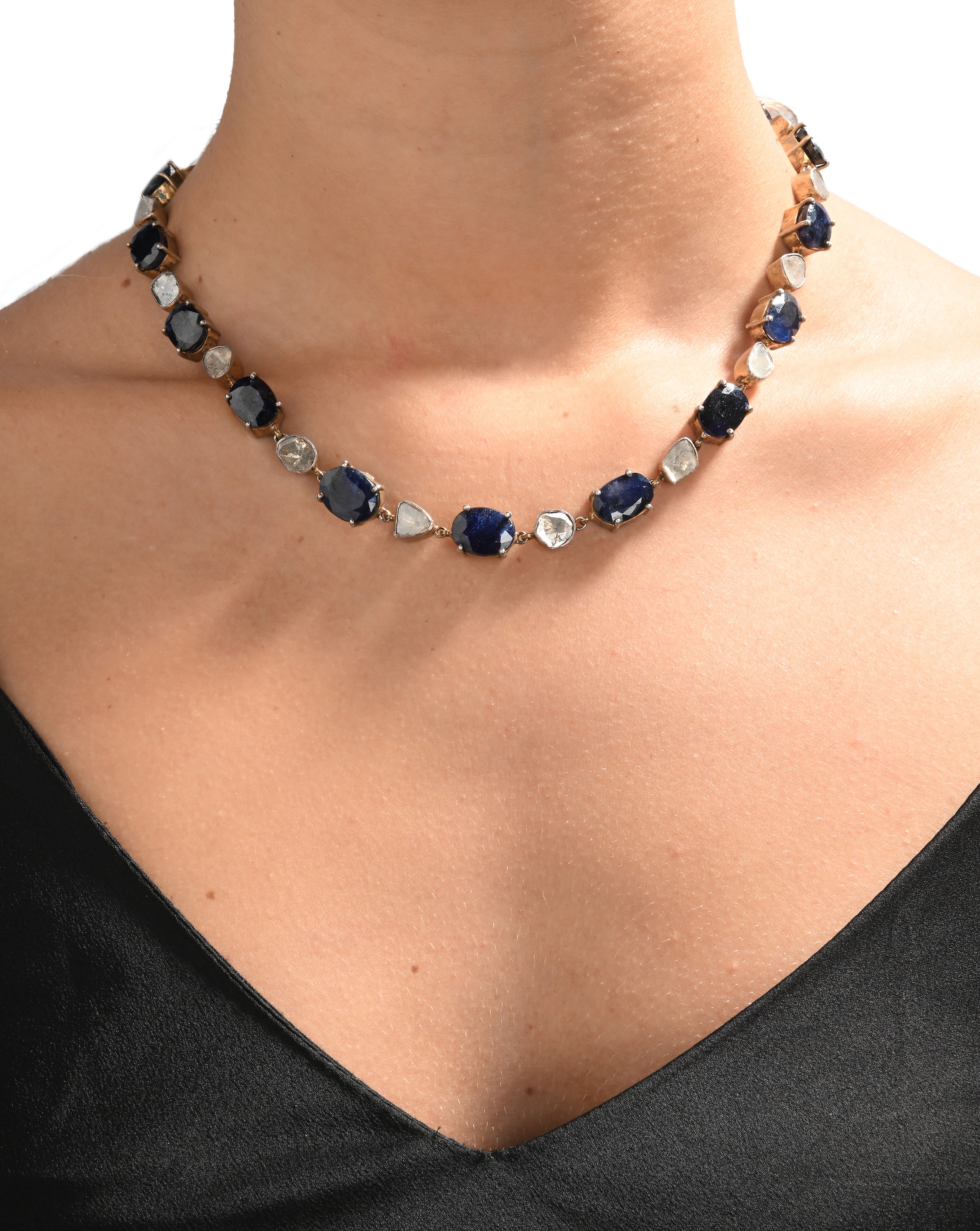 Collana Antica in Argento, Metallo, Zaffiri e Diamanti