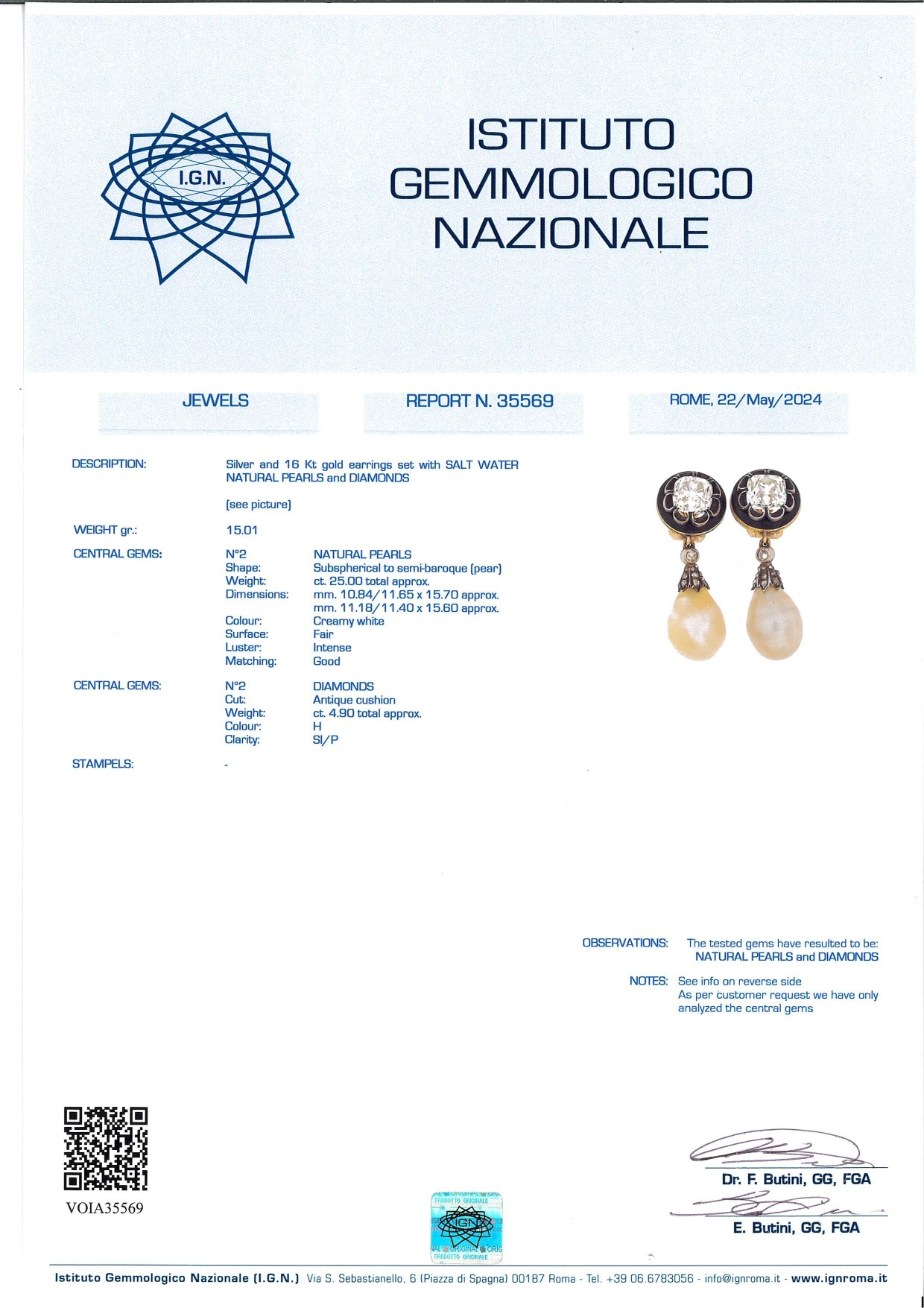 Importante Coppia di Orecchini Antichi in Oro, Argento, Diamanti e Rare Grandi Perle Naturali