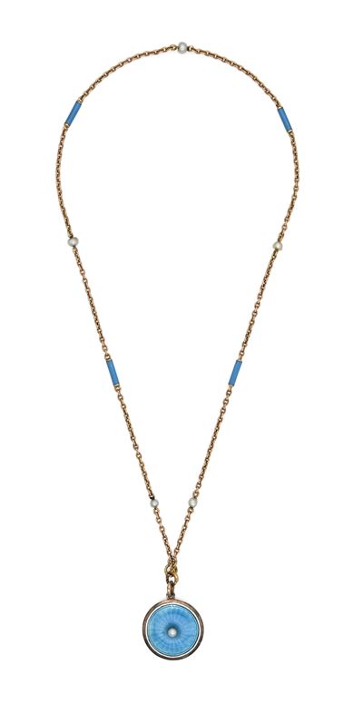 Pendente con Catena in Oro, Smalto e Microperla