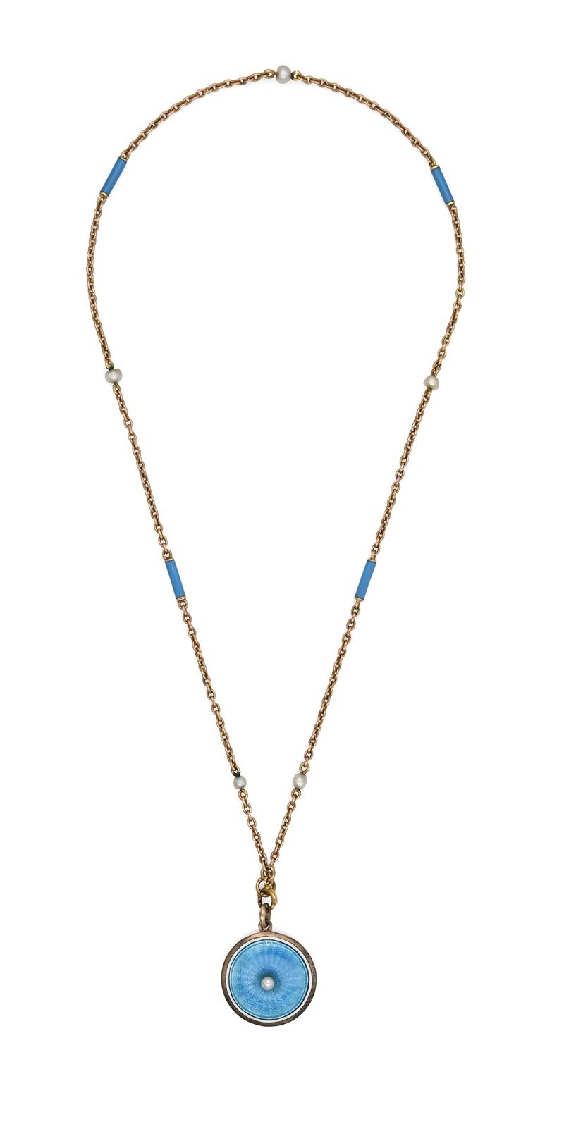 Pendente con Catena in Oro, Smalto e Microperla