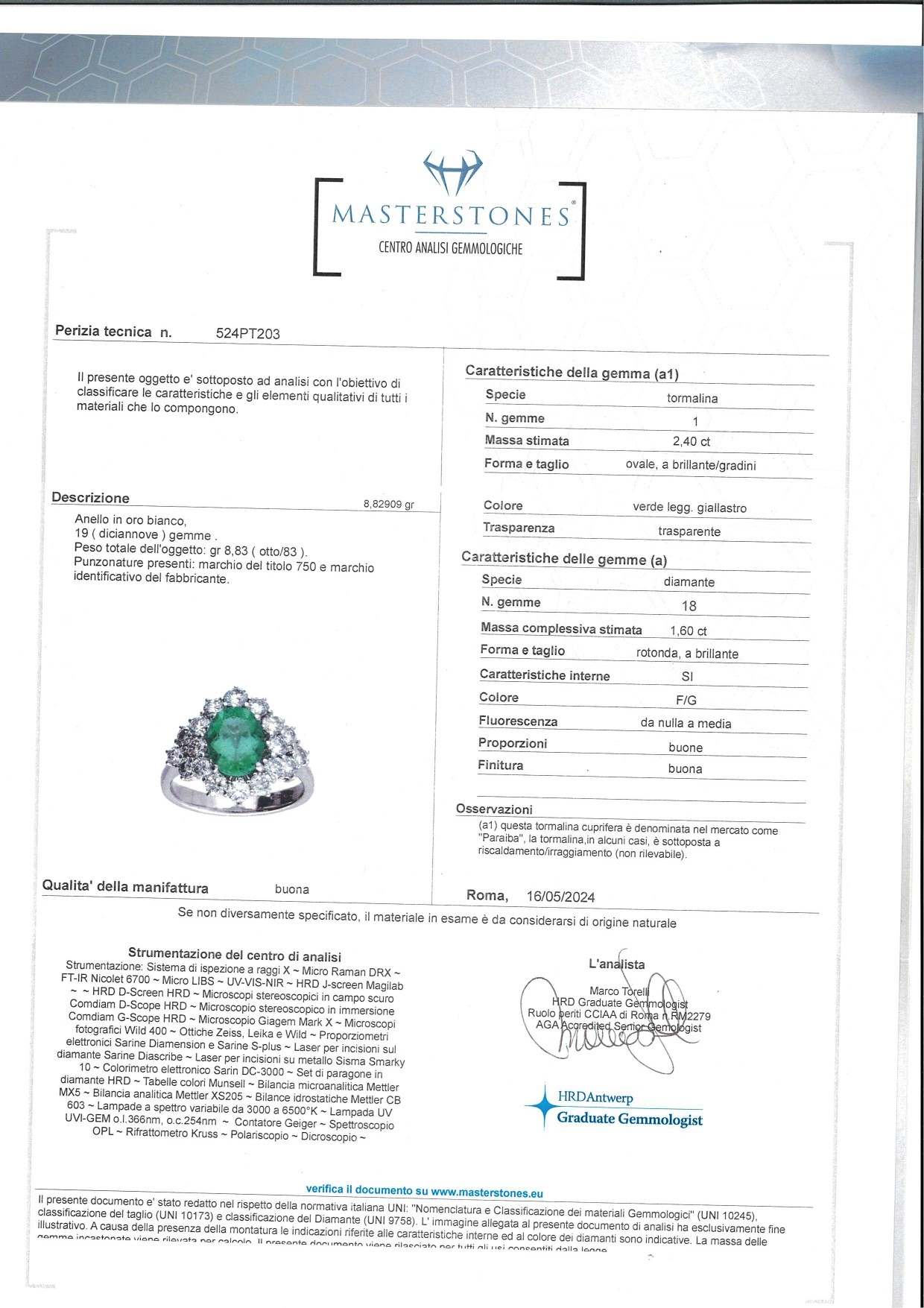 Anello in Oro e Tormalina Paraiba