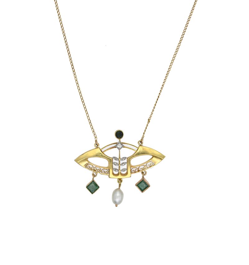 Pendente Art Nouveau in Oro, Smeraldi, Diamanti e Perla