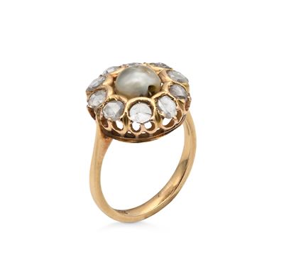 Anello in Oro, Perla Naturale e Diamanti