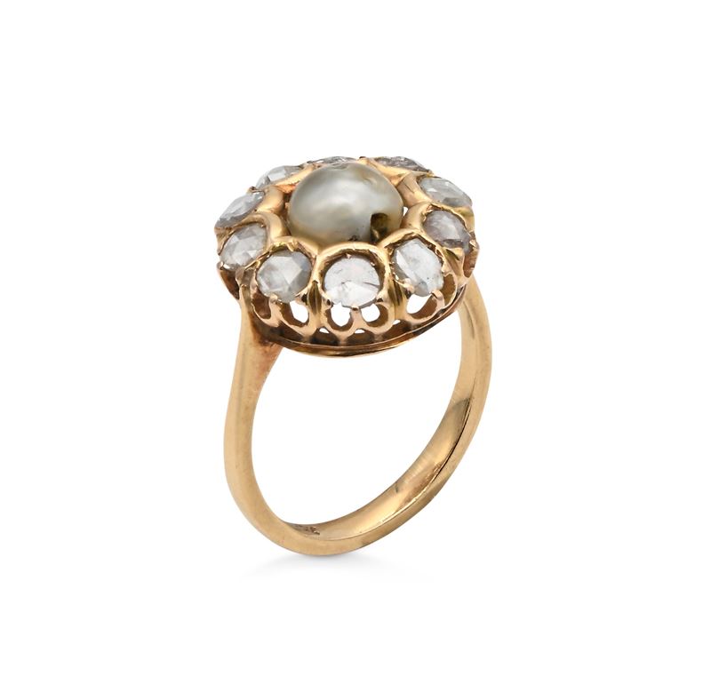Anello in Oro, Perla Naturale e Diamanti