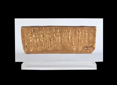 Placca di Gesso e Oro Zecchino Montato su Plexsiglas Firmato, Itaia, Prima Meta' del XX Secolo