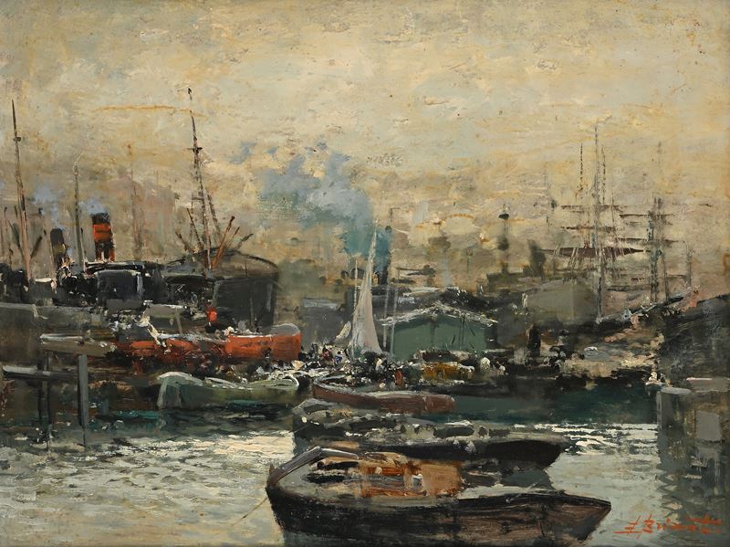 Ezelino Briante - Marina con Barche e Velieri