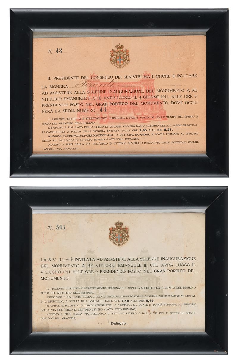Due Inviti All'inaugurazione del Monumento a Vittorio Emanuele II